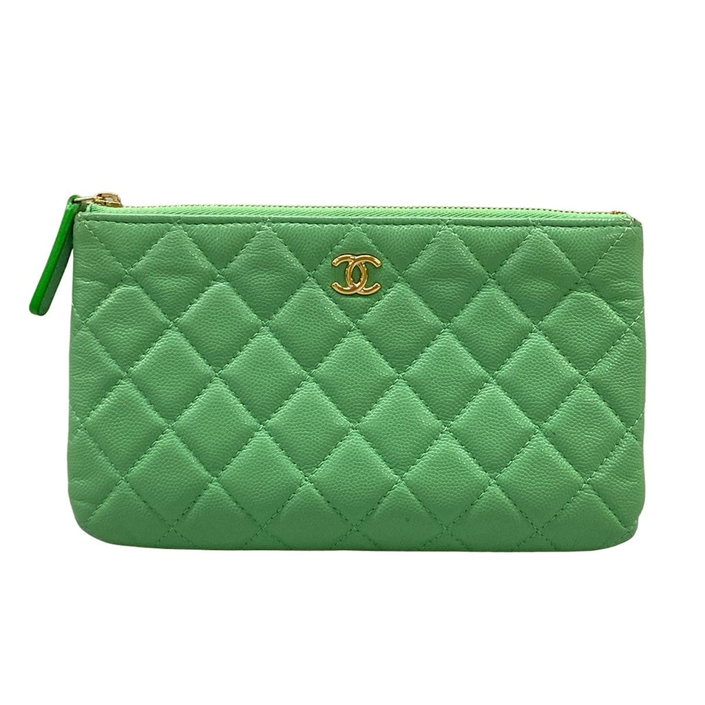 Chanel Pouch Quilted Light Green CC Logo Gold