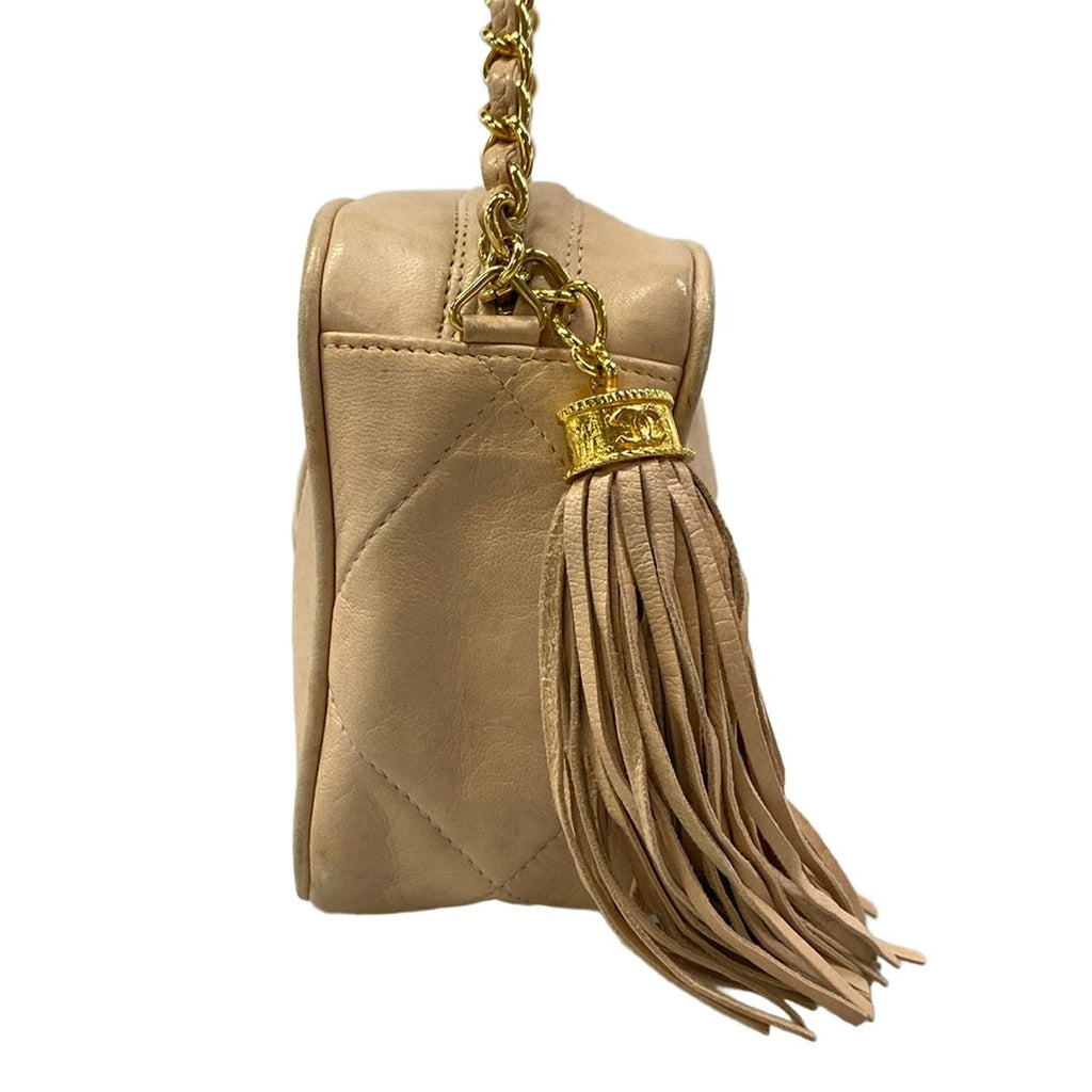 Chanel Shoulder Bag Beige Fringe Tassel CC Logo Boutique Chain Lambskin — view 2