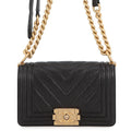 Chanel Chain Shoulder Bag Boy Small Quilted CC Logo Caviar Leather Black