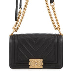 Chanel Chain Shoulder Bag Boy Small Quilted CC Logo Caviar Leather Black