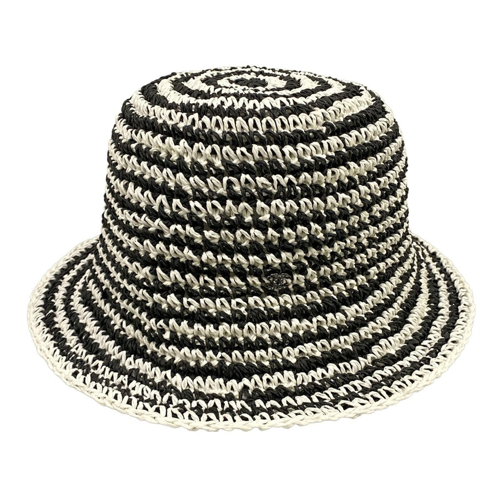 Chanel Hat M Black White Straw Hat Border Rhinestone CC Logo