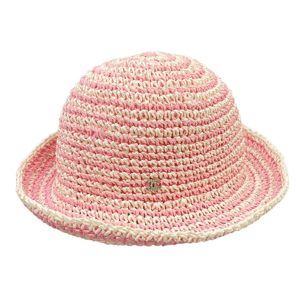 Chanel Hat M Pink White Straw Hat Border Rhinestone CC Logo
