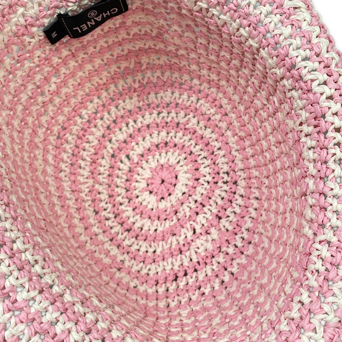 Chanel Hat M Pink White Straw Hat Border Rhinestone CC Logo — view 4