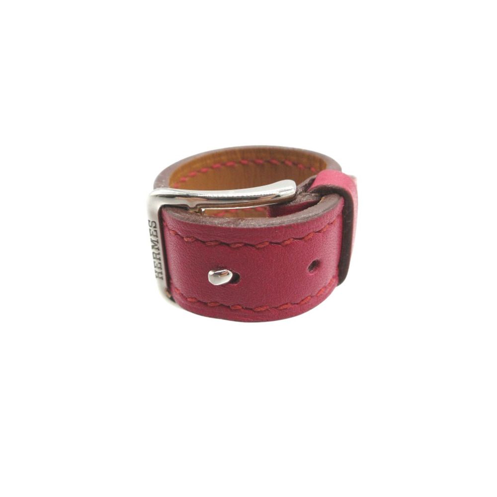 Hermes Belt Motif Scarf Ring Leather Stainless Steel Pink