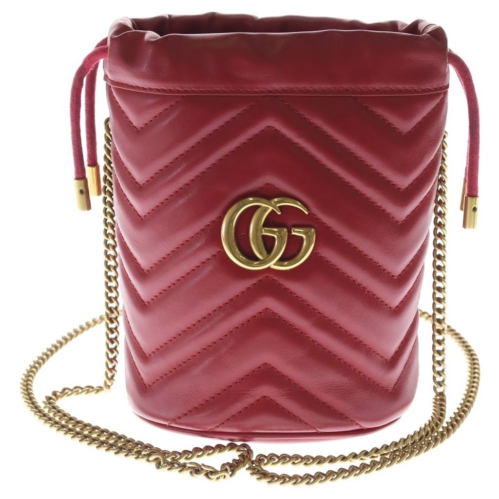 Gucci GG Marmont Mini Bucket Bag Chain Red Leather Gold