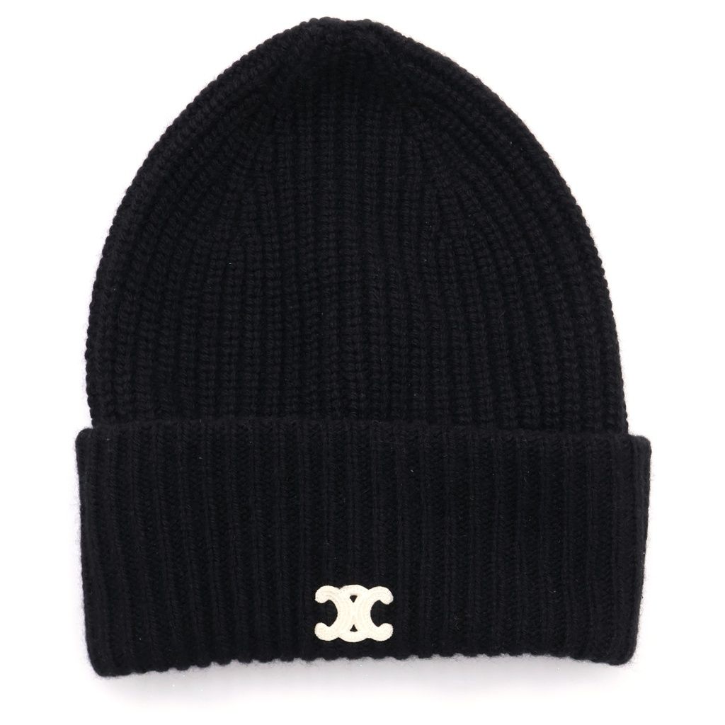 Celine Seamless Cashmere Triomphe Beanie Knit Hat Cap Black #tu