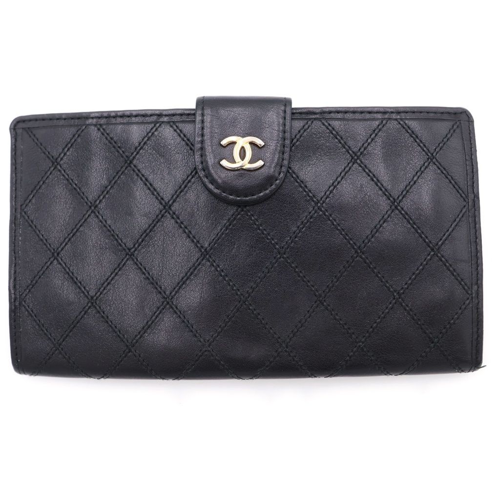 Chanel CC Logo Bicolor Wallet Card Case Black Leather Gold