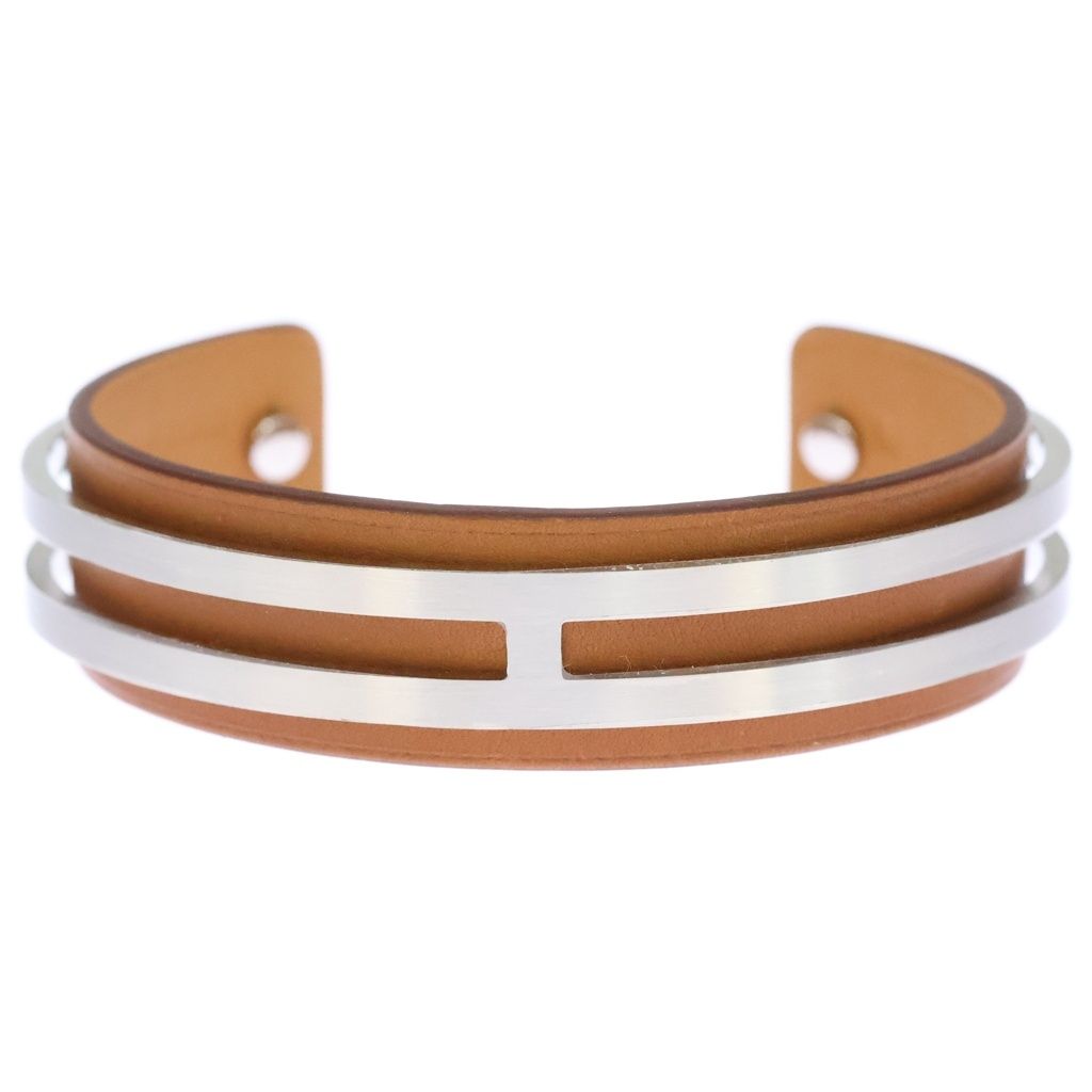 Hermes Leather Bangle Bracelet Silver Brown — view 4