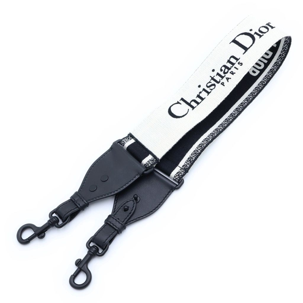 Dior Embroidered Shoulder Strap Canvas Leather Logo Black White — view 2