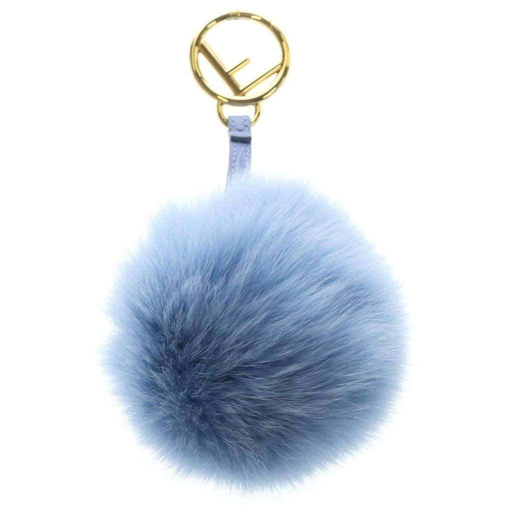 Fendi Leather Gold Pom Charm Key Holder Blue — view 2