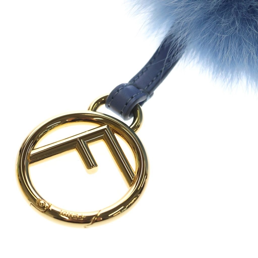 Fendi Leather Gold Pom Charm Key Holder Blue — view 5