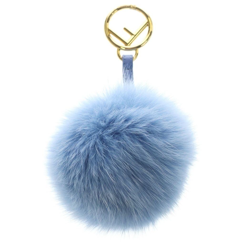 Fendi Leather Gold Pom Charm Key Holder Blue