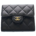 Chanel Quilted Caviar Leather Gold Classic Small Flap Wallet Trifold Black