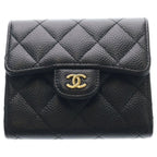 Chanel Quilted Caviar Leather Gold Classic Small Flap Wallet Trifold Black