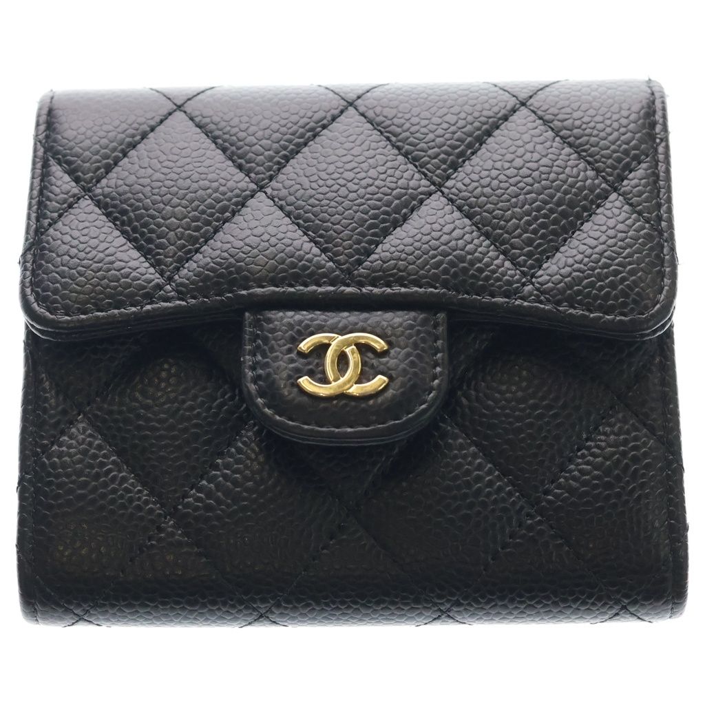 Chanel Quilted Caviar Leather Gold Classic Small Flap Wallet Trifold Black