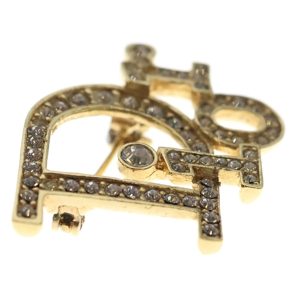 Dior Logo Rhinestone Pin Badge Brooch Gold — view 3