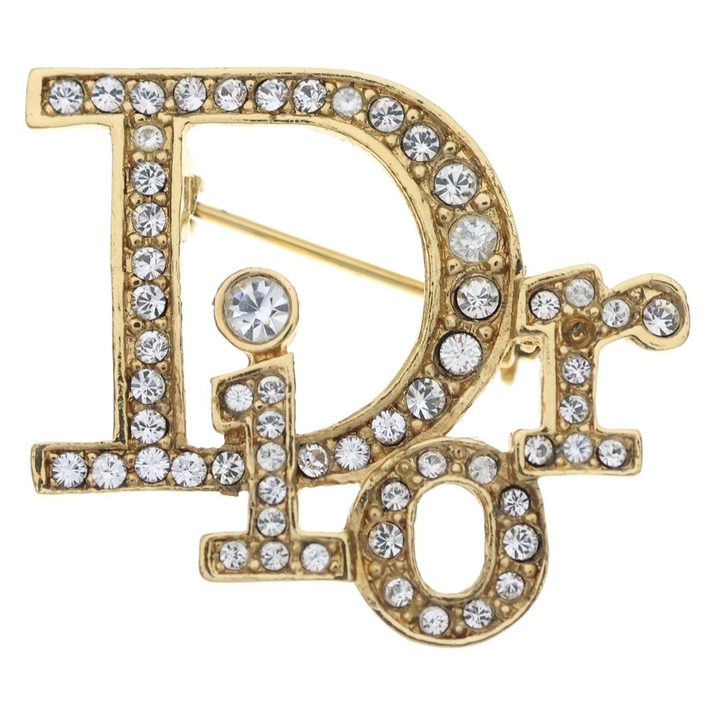 Dior Logo Rhinestone Pin Badge Brooch Gold