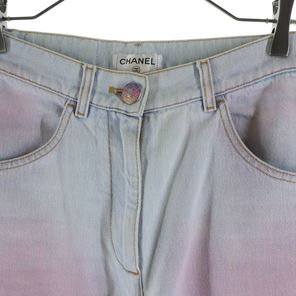 Chanel CC Logo Button Gradient Wide Denim Pants Indigo — view 3