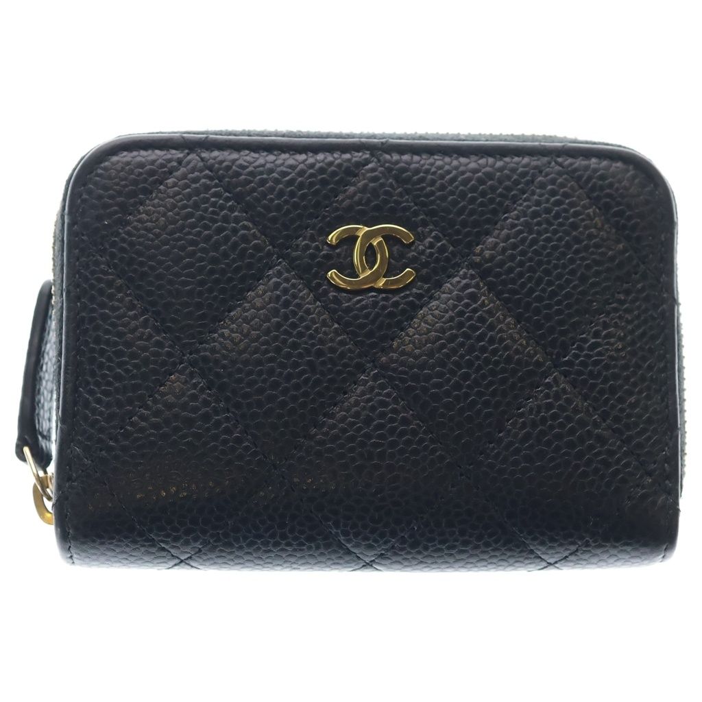 Chanel Quilted Classic Caviar Leather Zip Coin Purse Gold Black