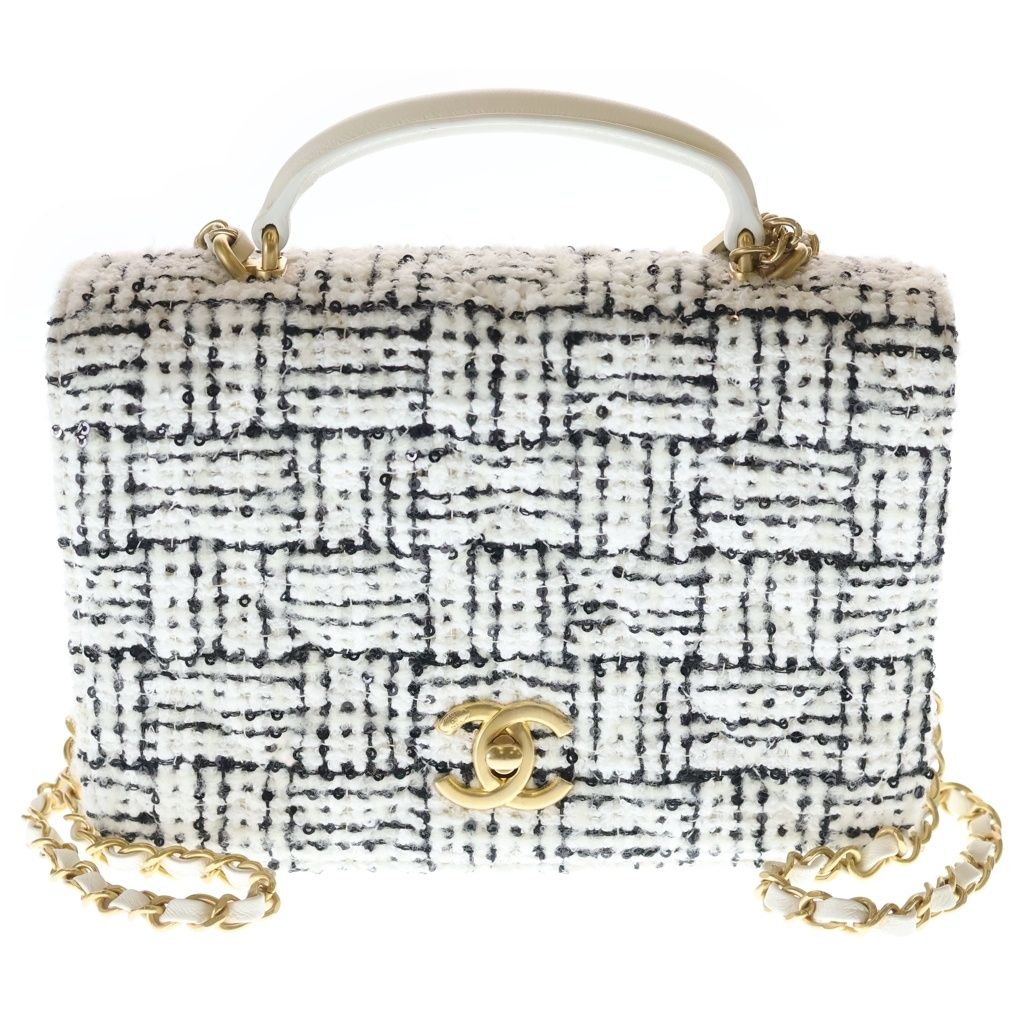 Chanel Quilted Top Handle Mini Flap Tweed Lambskin Gold Chain Shoulder