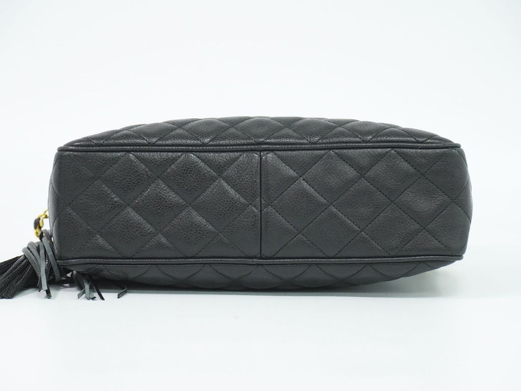 Chanel CC Logo Quilted Tassel Chain Shoulder Bag Pochette Caviar Leather Black — view 3