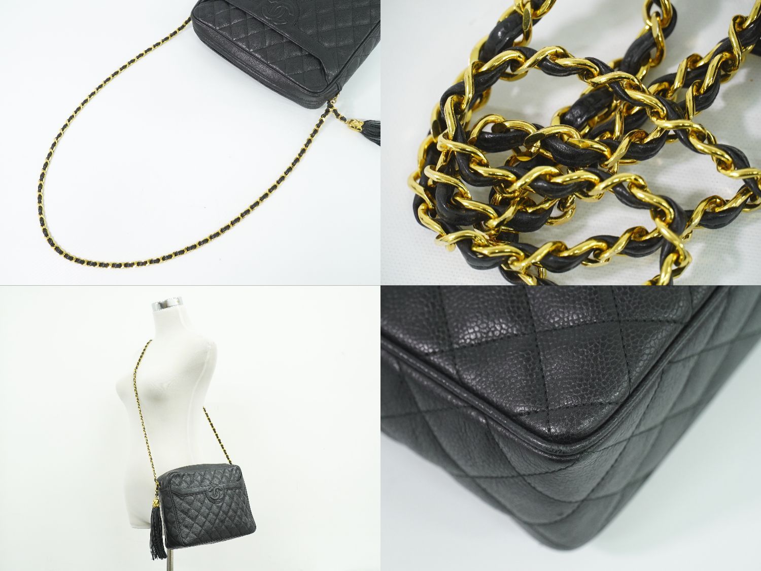 Chanel CC Logo Quilted Tassel Chain Shoulder Bag Pochette Caviar Leather Black — view 6