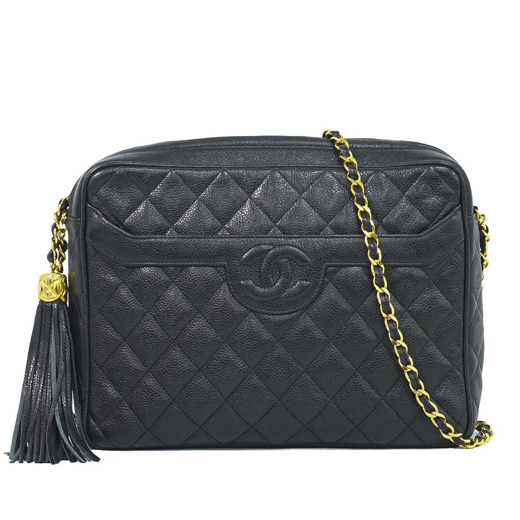 Chanel CC Logo Quilted Tassel Chain Shoulder Bag Pochette Caviar Leather Black