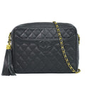 Chanel CC Logo Quilted Tassel Chain Shoulder Bag Pochette Caviar Leather Black