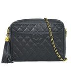 Chanel CC Logo Quilted Tassel Chain Shoulder Bag Pochette Caviar Leather Black