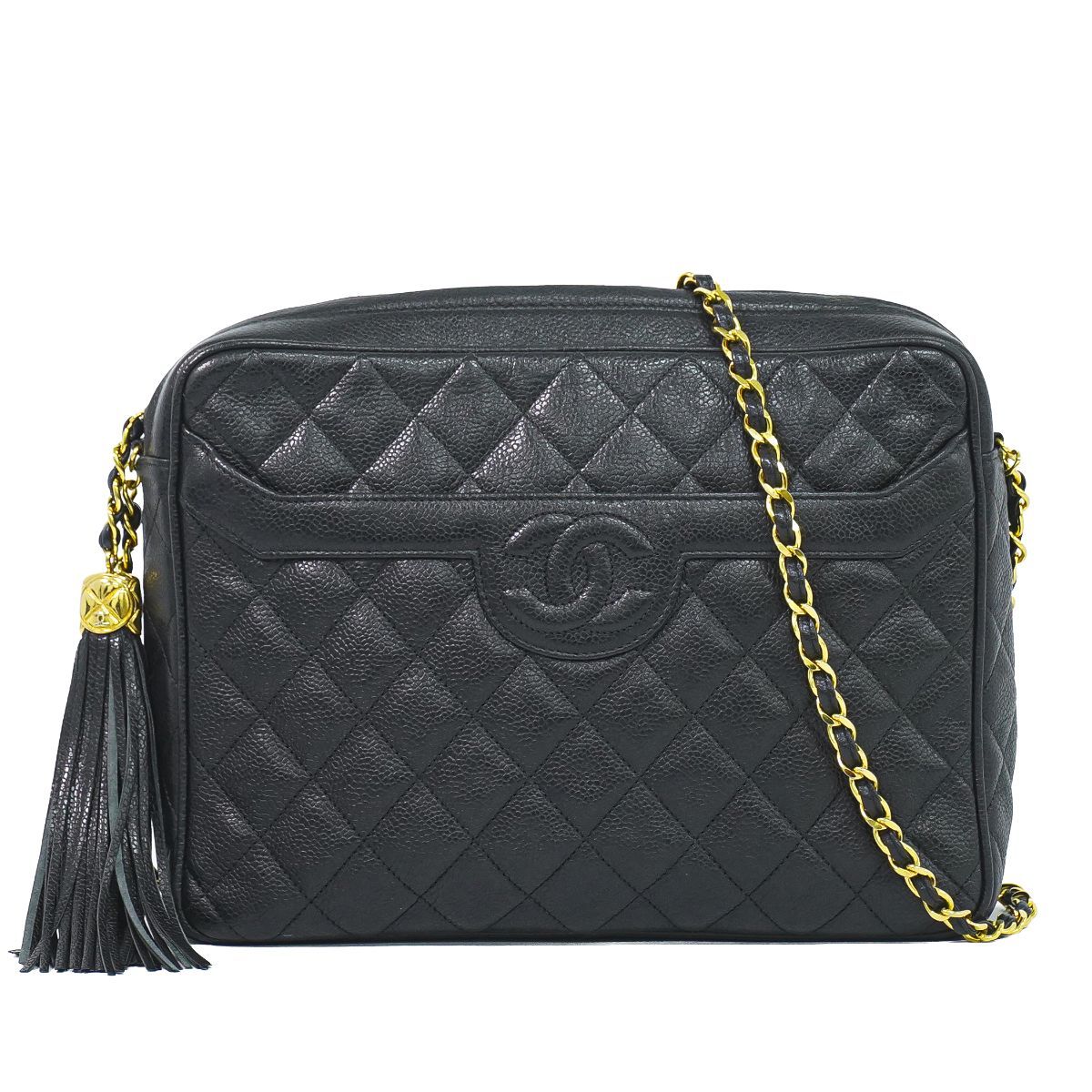 Chanel CC Logo Quilted Tassel Chain Shoulder Bag Pochette Caviar Leather Black