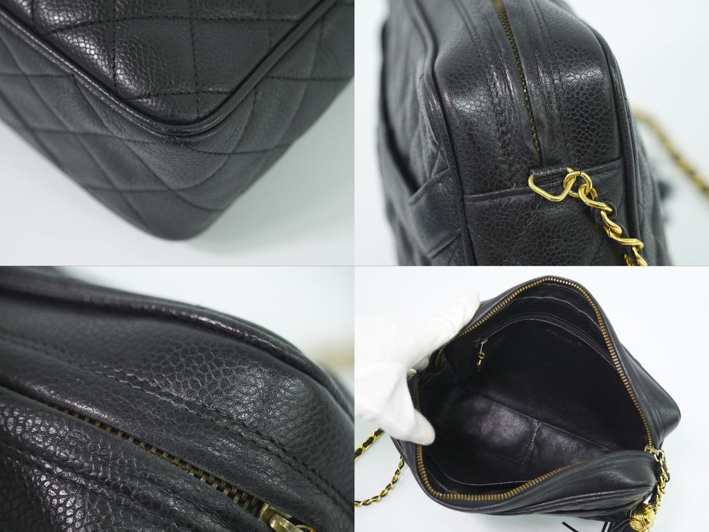 Chanel CC Logo Quilted Tassel Chain Shoulder Bag Pochette Caviar Leather Black — view 7