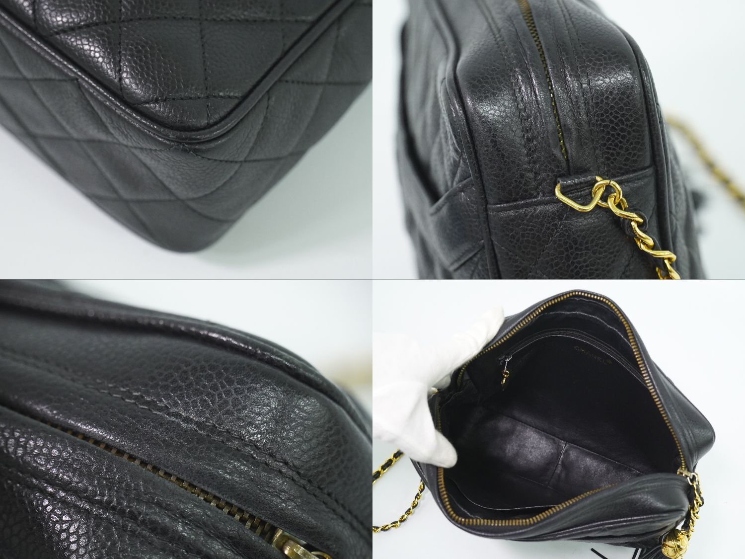 Chanel CC Logo Quilted Tassel Chain Shoulder Bag Pochette Caviar Leather Black — view 7