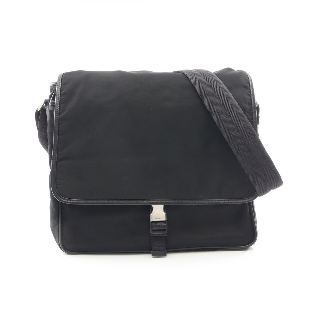 Prada Shoulder Bag Flap Black Nylon Saffiano Leather