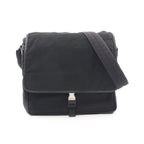 Prada Shoulder Bag Flap Black Nylon Saffiano Leather
