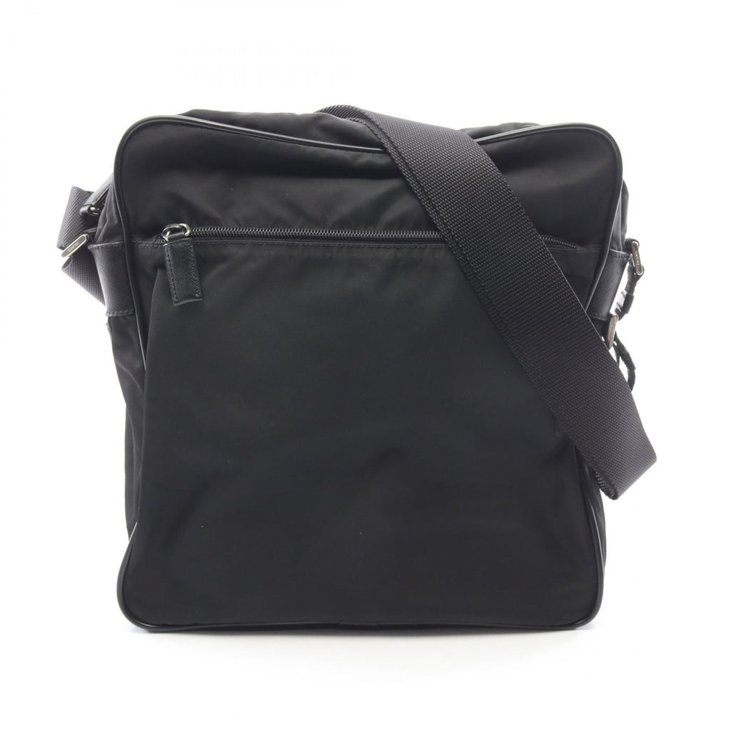 Prada Shoulder Bag Triangle Logo Black Nylon Saffiano Leather