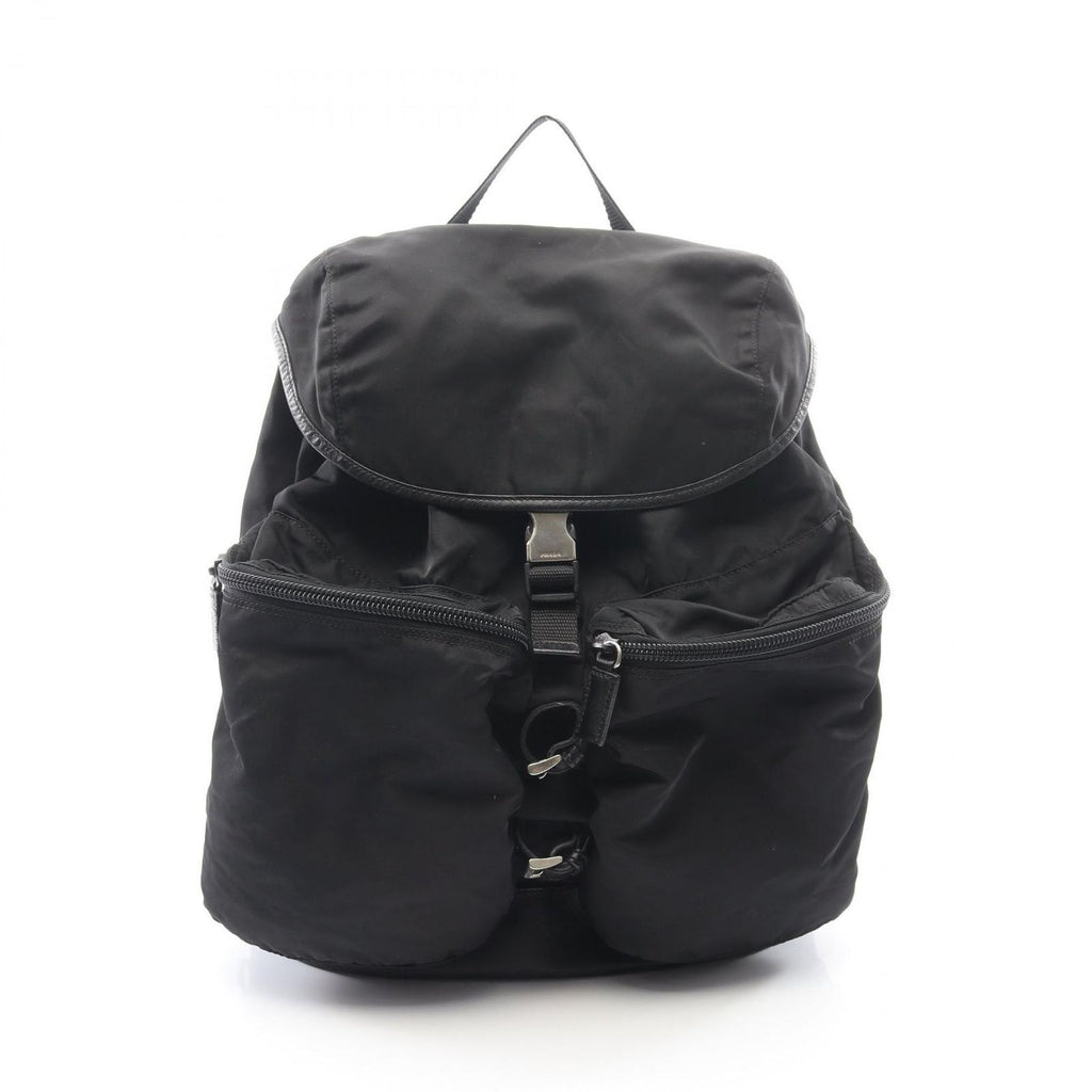Prada Backpack Line Angle Logo Black Nylon Saffiano Leather