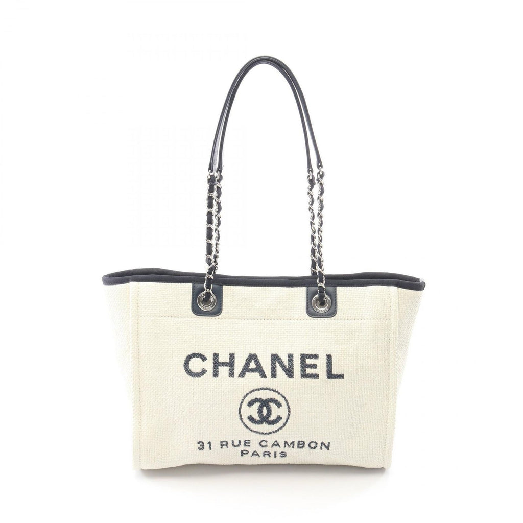 Chanel Tote Deauville White Navy Leather Chain MM