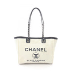Chanel Tote Deauville White Navy Leather Chain MM