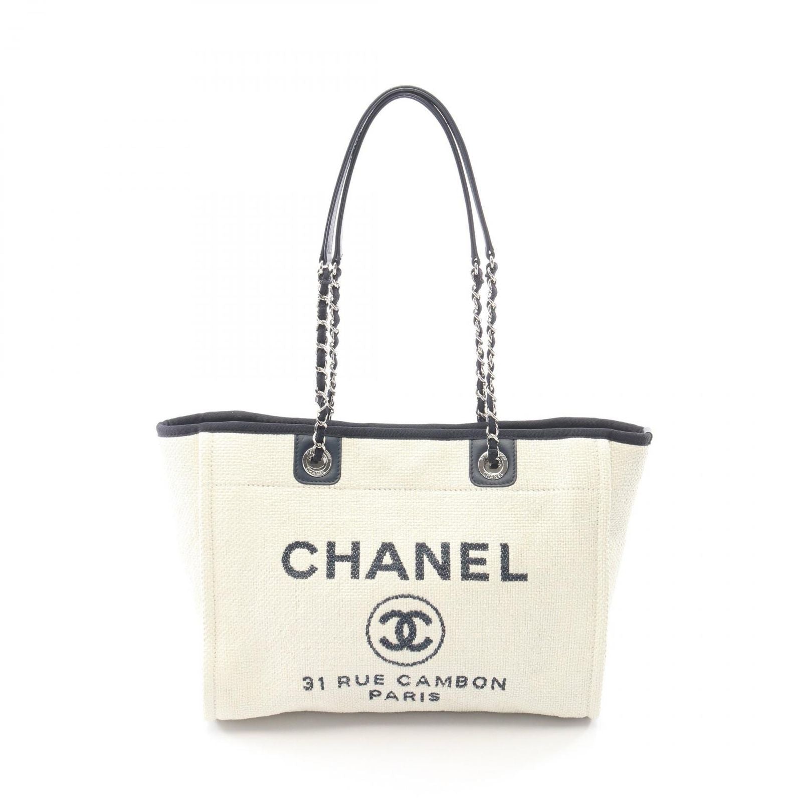 Chanel Tote Deauville White Navy Leather Chain MM