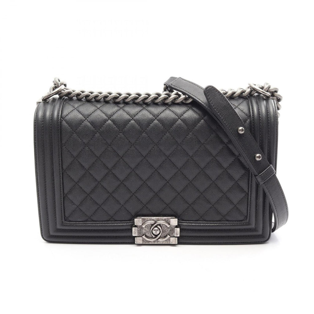 Chanel Shoulder Bag Boy Large Chest Blanc Black Caviar Leather Boy Chain