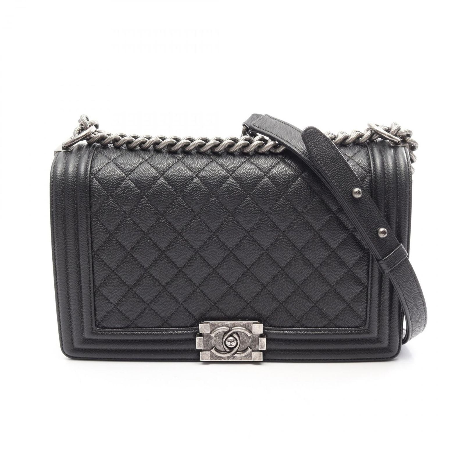 Chanel Shoulder Bag Boy Large Chest Blanc Black Caviar Leather Boy Chain