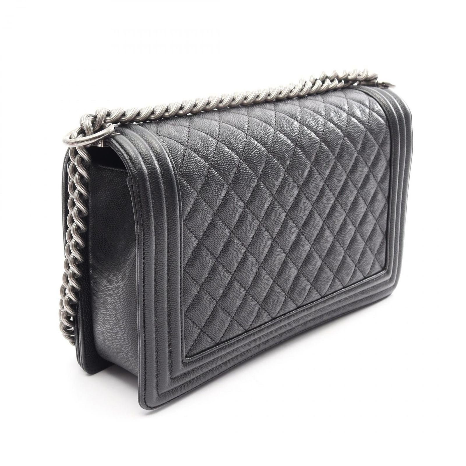 Chanel Shoulder Bag Boy Large Chest Blanc Black Caviar Leather Boy Chain — view 2