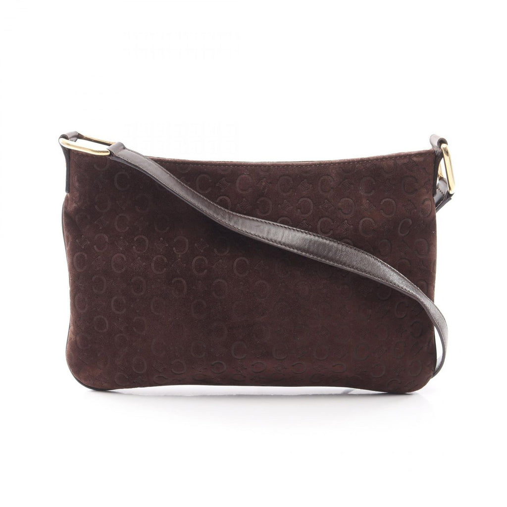 Celine Shoulder Bag C Blason Dark Brown Suede Leather