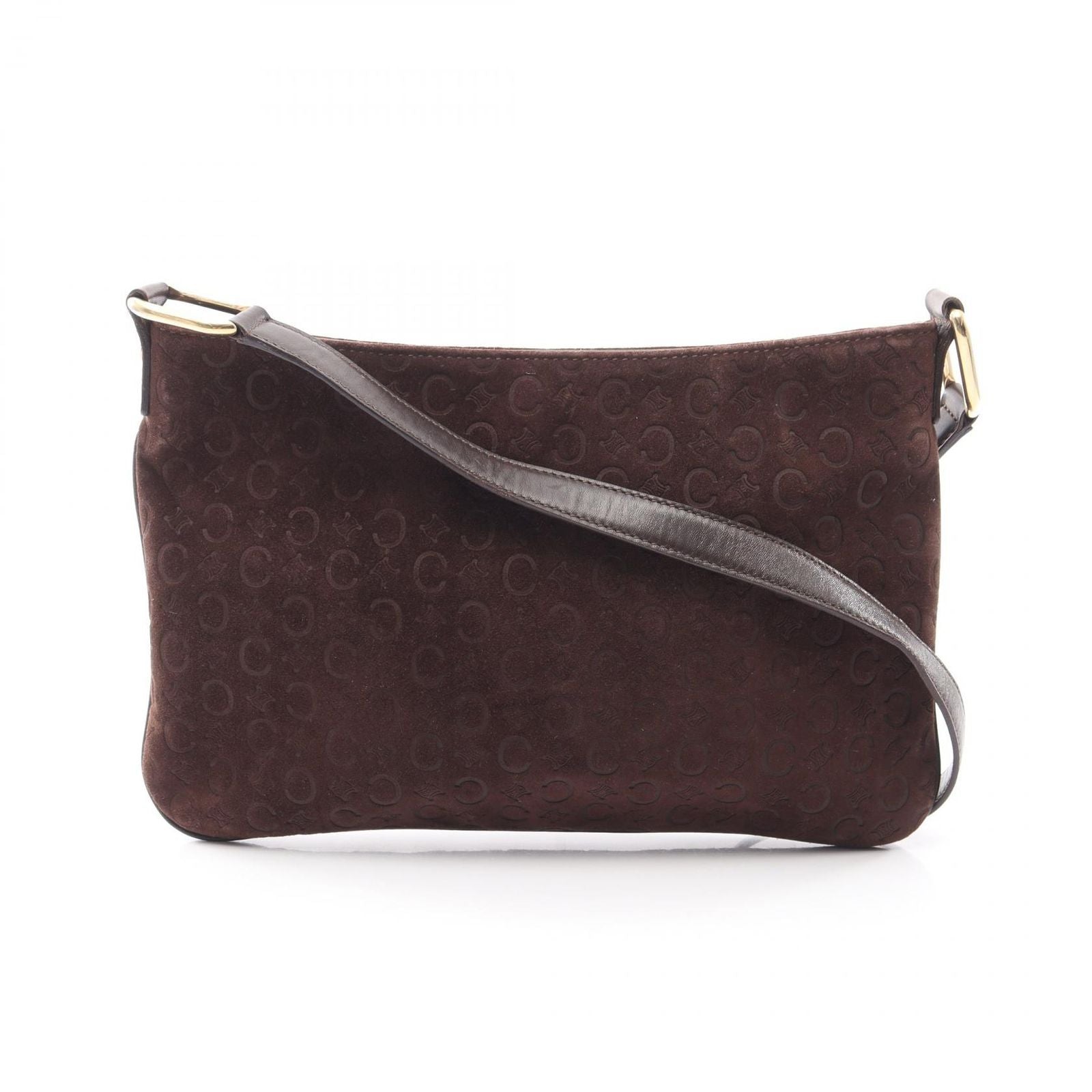 Celine Shoulder Bag C Blason Dark Brown Suede Leather