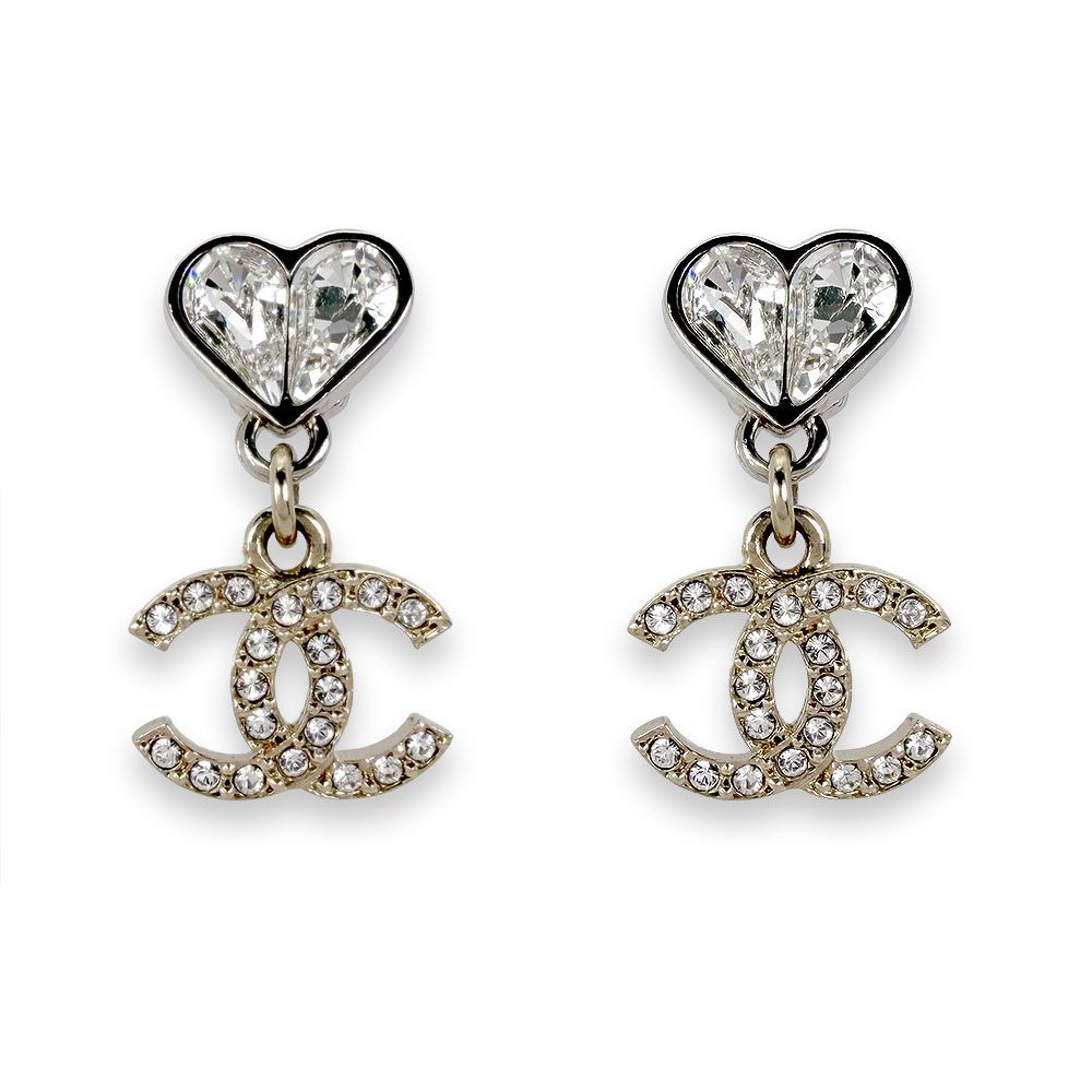 Chanel Heart Motif CC Logo Rhinestone Earrings