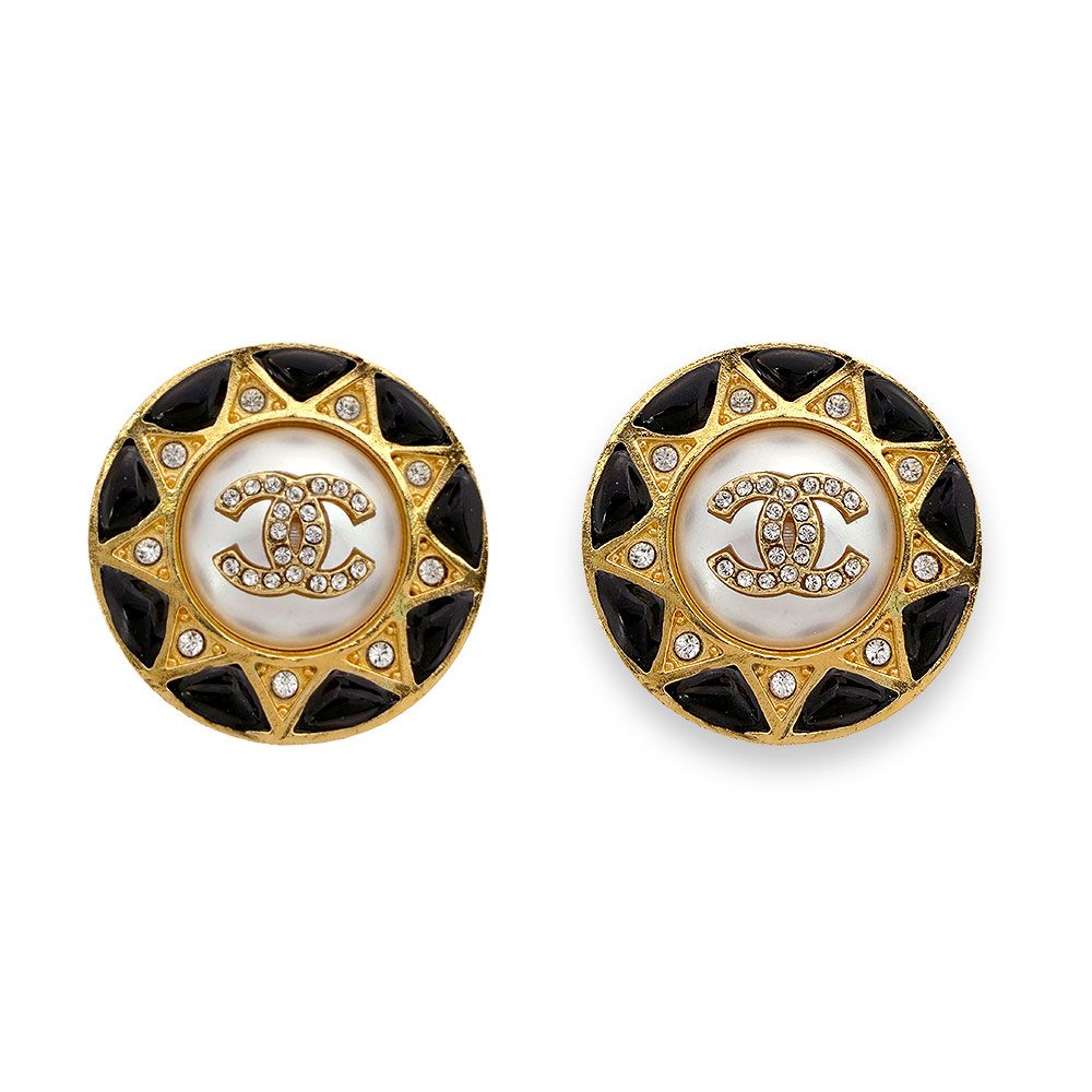 Chanel Faux Pearl CC Logo Rhinestone Round Earrings