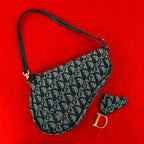 Dior Saddle Trotter Pattern Canvas Leather Handbag Navy