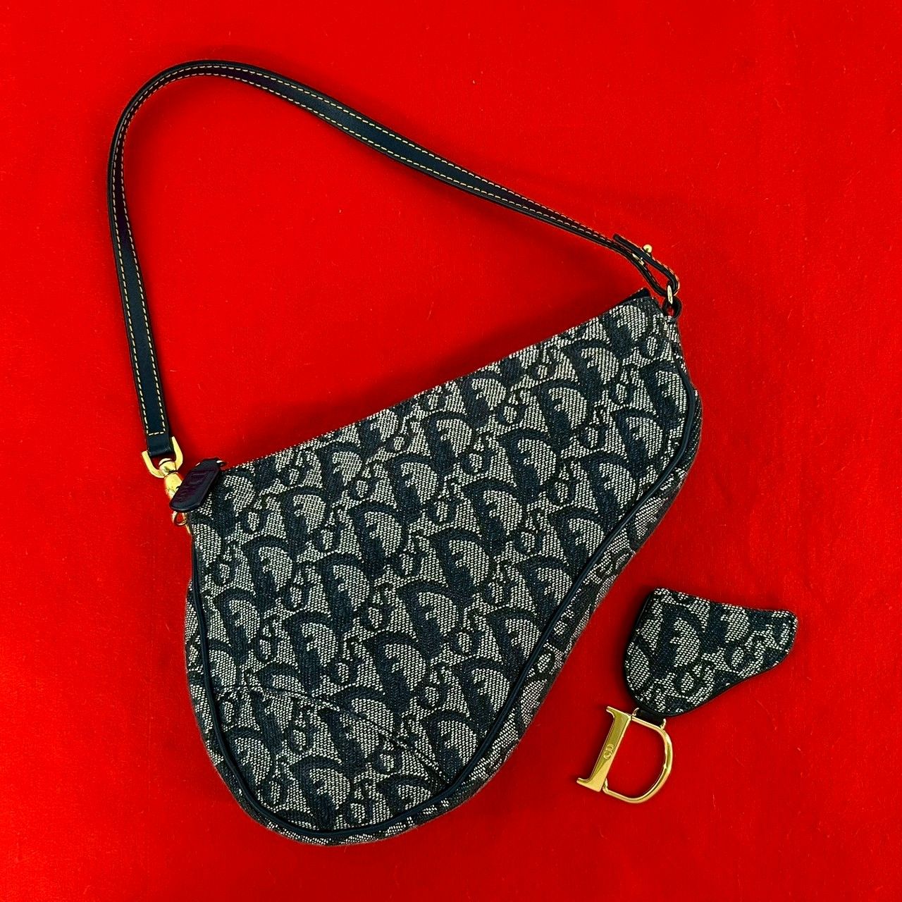 Dior Saddle Trotter Pattern Canvas Leather Handbag Navy
