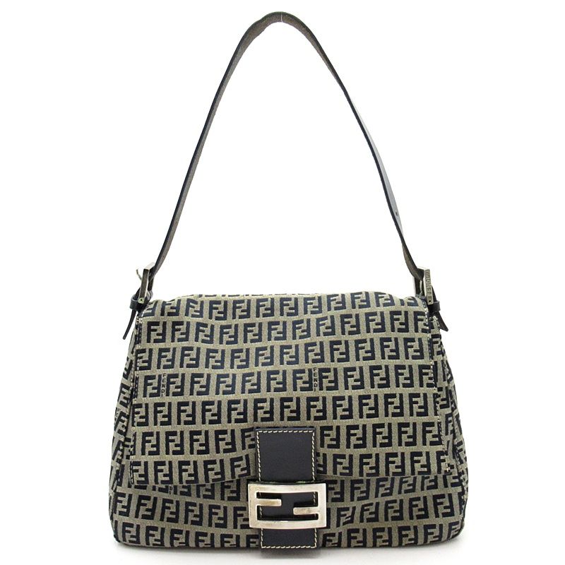 Fendi Zucchino Mamma Bucket Leather Shoulder Bag Gray Navy