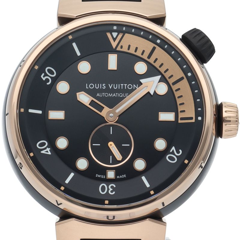 Louis Vuitton Tambour Street Diver Black Blaze Watch Box 18k Pink Gold SS Rubber